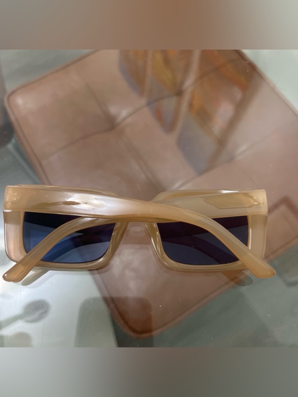 Chunky Rectangular Sunglasses in Translucent Beige with Dark Lenses - Picture 2 of 3